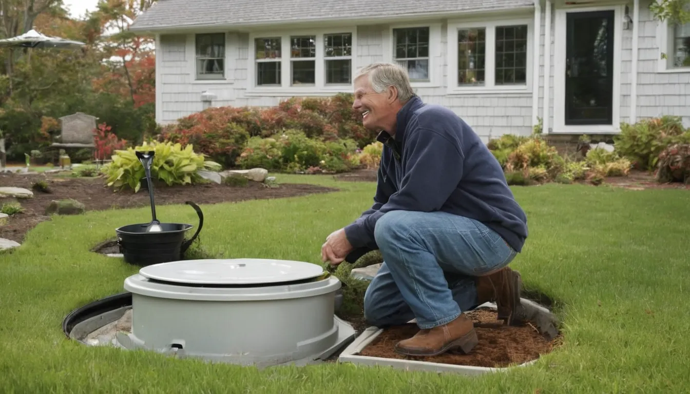 Friendly septic provider talking with a homeowner beside an older house with an open septic tank access lid in the Stamford area